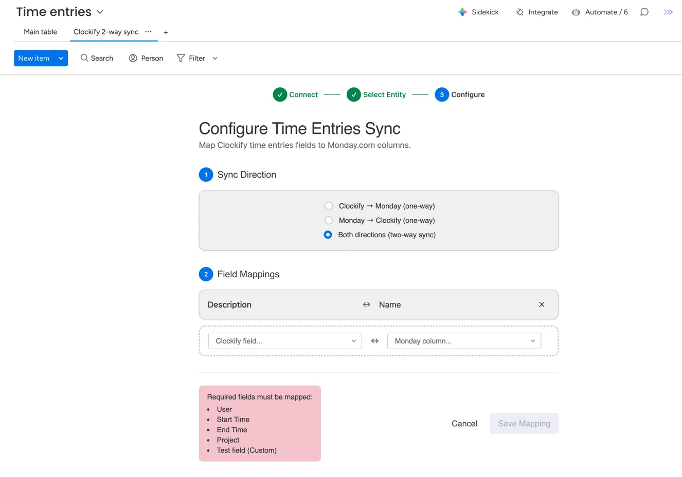 Sync direction and fields
