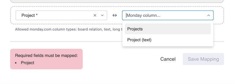 Clockify project mapped to board relation